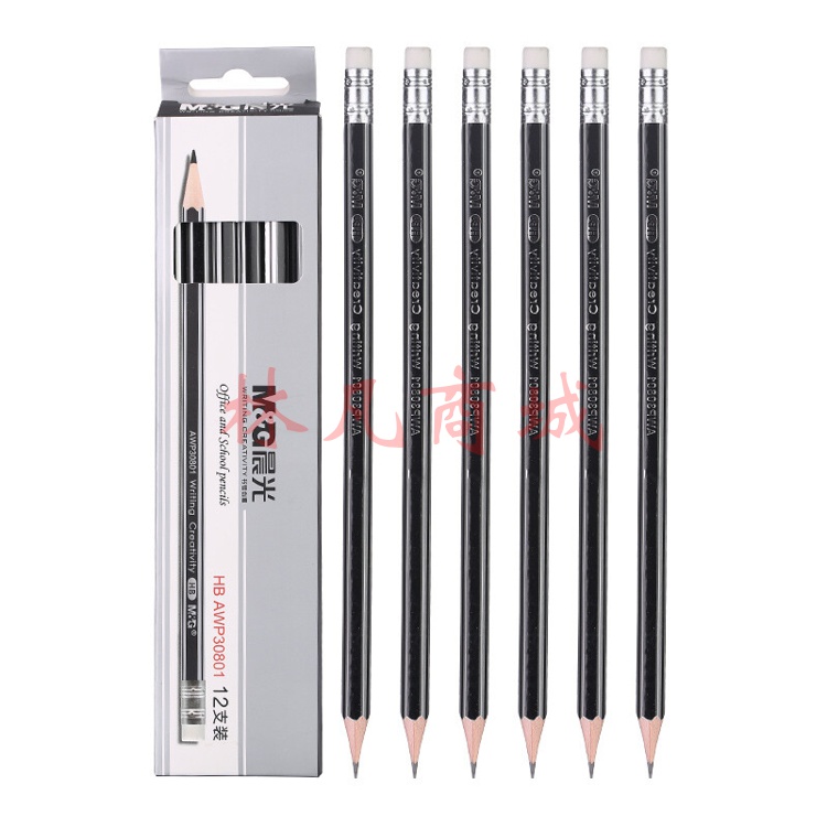 晨光(M&G)  HB铅笔12支 银黑抽条六角木杆铅笔 学生书写美术素描绘图木质铅笔带橡皮头AWP30801